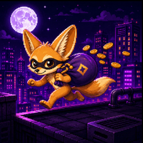 A masked fennec crossing a rooftop under the moon
